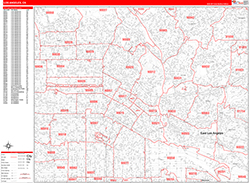 Los Angeles Wall Map Zip Code Red Line Style 2026